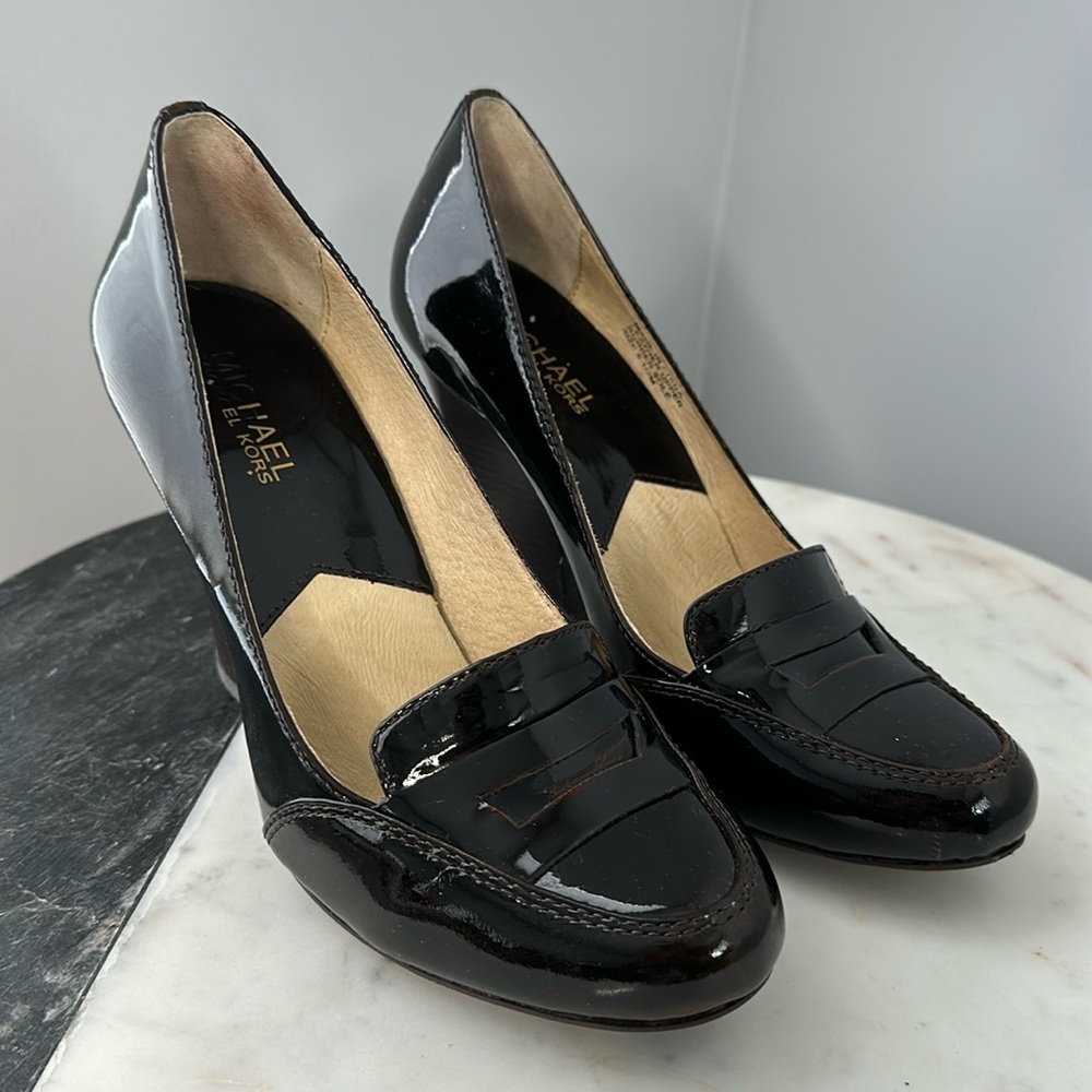 Michael Korn Lattington Chocolate Brown Patent Heeled Loafers